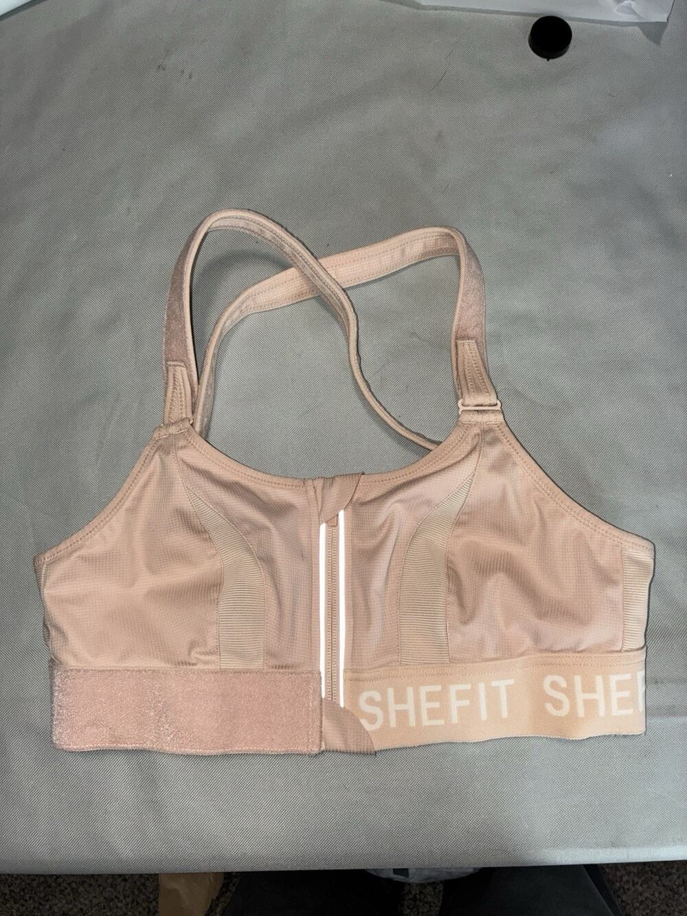 SHEFIT Medium Ultimate Sports Bra Nude Beige High Impact Zip Front Adjustable